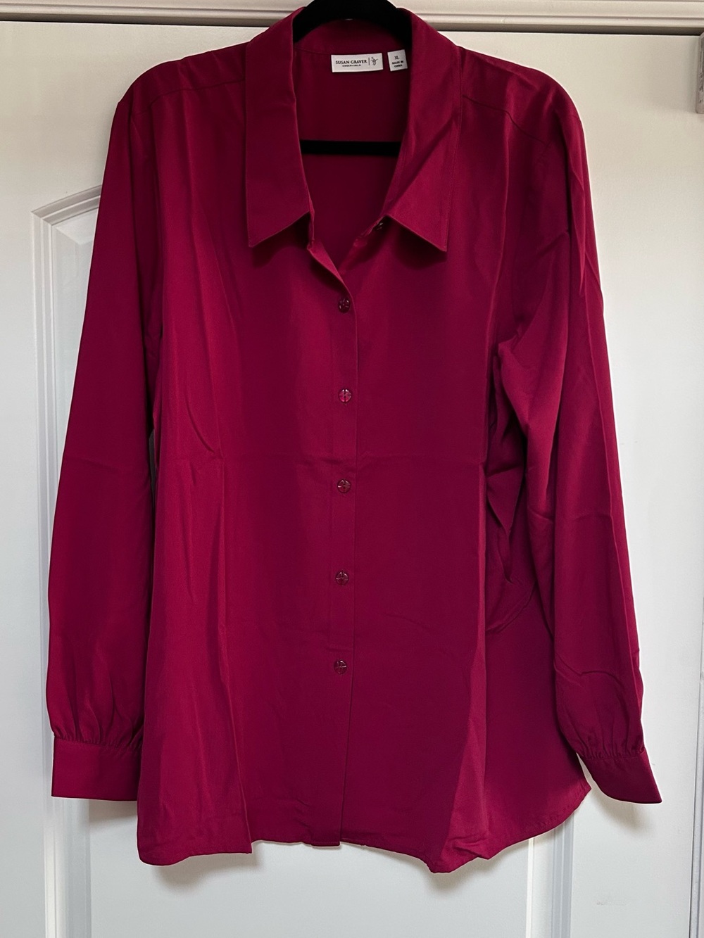 NWOT Susan Graver Womens Sz XL Long Sleeve Blouse Button Down Wine Red Tunic Top